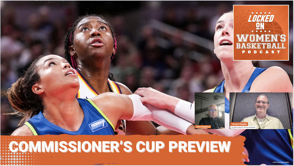 Podcast promotion graphic with a photo of Napheesa Collier, Aaliyah Boston and Bridget Carleton. There is also a tex overlay that reads "Commissioner's Cup Preview" and a Locked On Women's Basketball logo.